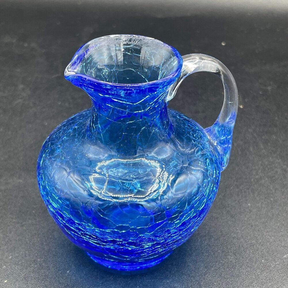 Vintage Cobalt Blue Crackle Glass Mini Pitcher Applied Clear Handle Pontil 3.5"